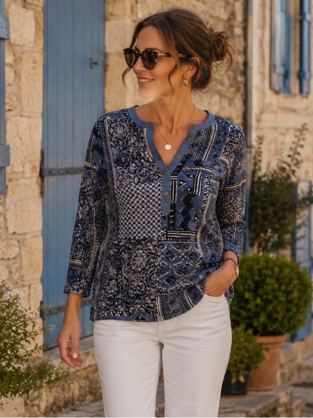 Lauren Ralph Lauren Blue Patchwork Henley Top Long Sleeve Small